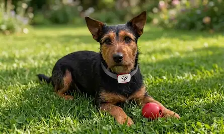 Perro mestizo negro y fuego llamado Melón echado en el césped con una pelota roja y llevando el localizador GPS AQUITOYDOG en su collar.